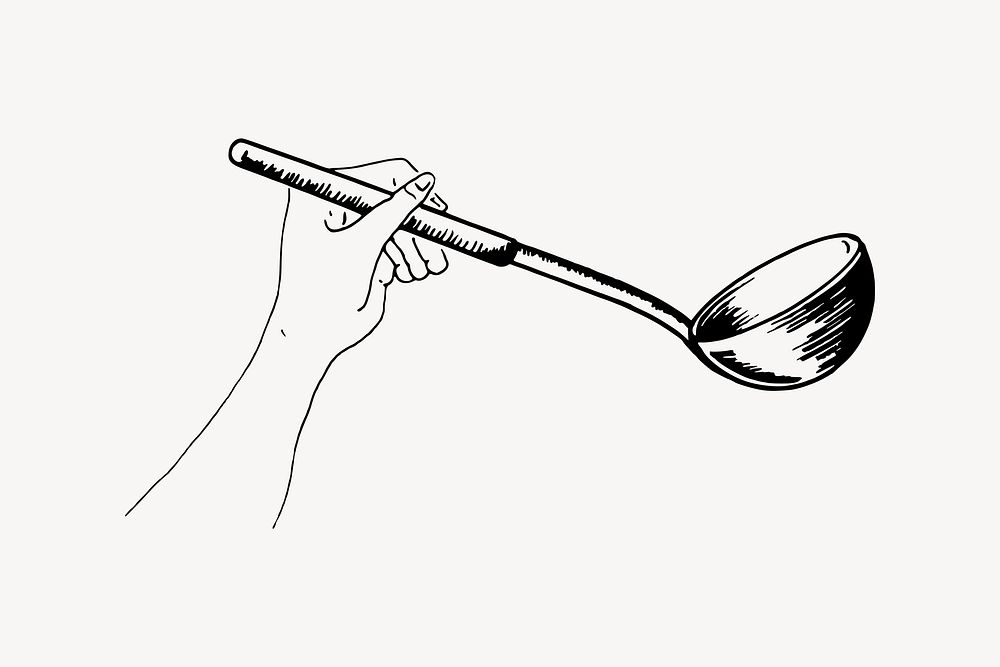 Hand holding ladle drawing, vintage object illustration vector. Free public domain CC0 image.