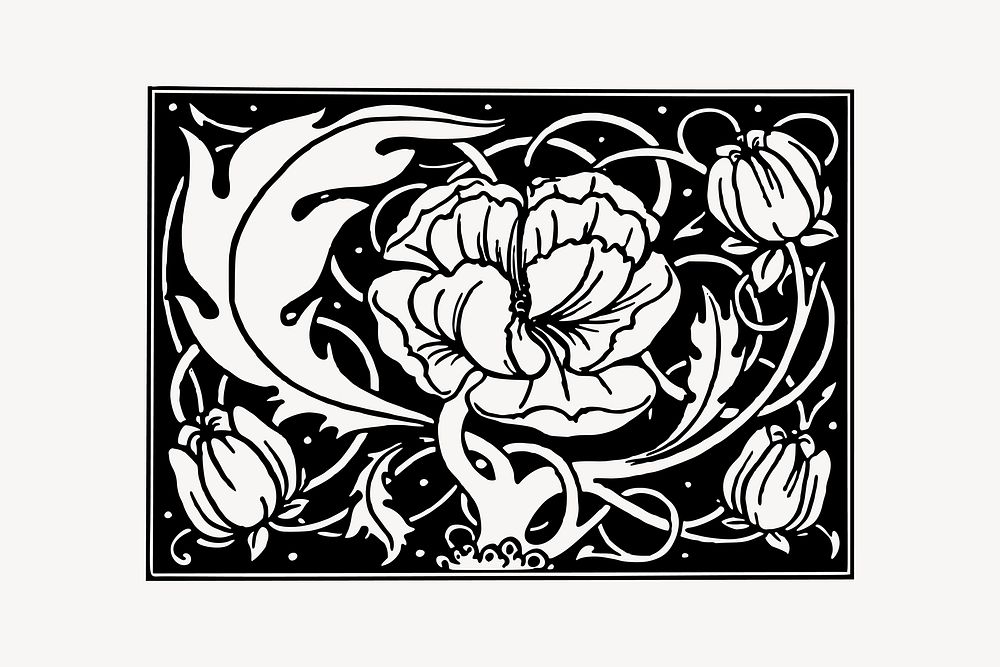 Floral ornament badge drawing, vintage illustration vector. Free public domain CC0 image.