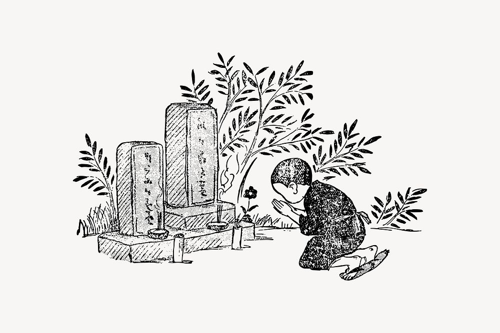 Japanese cemetery drawing, vintage illustration vector. Free public domain CC0 image.