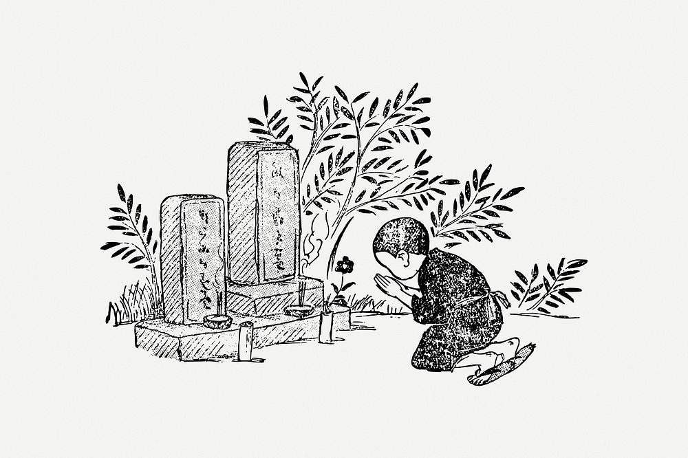 Japanese cemetery clipart, vintage illustration psd. Free public domain CC0 image.