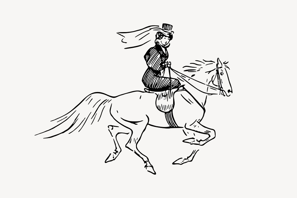 Woman riding horse drawing, vintage illustration vector. Free public domain CC0 image.