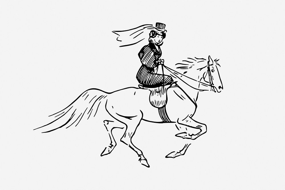 Woman riding horse vintage illustration. Free public domain CC0 image.