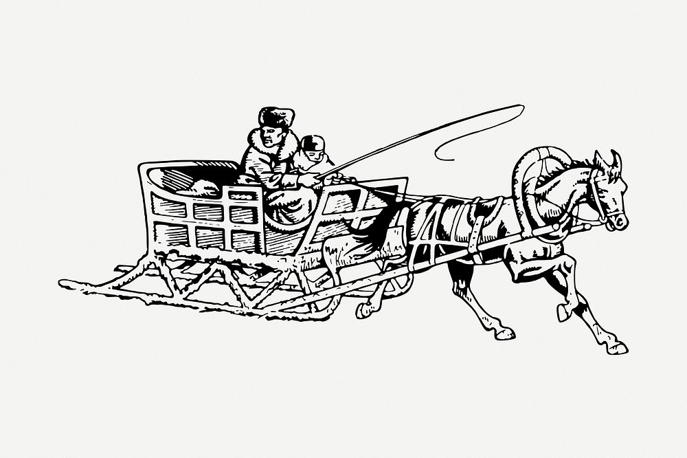 Horse sleigh drawing, vintage illustration psd. Free public domain CC0 image.