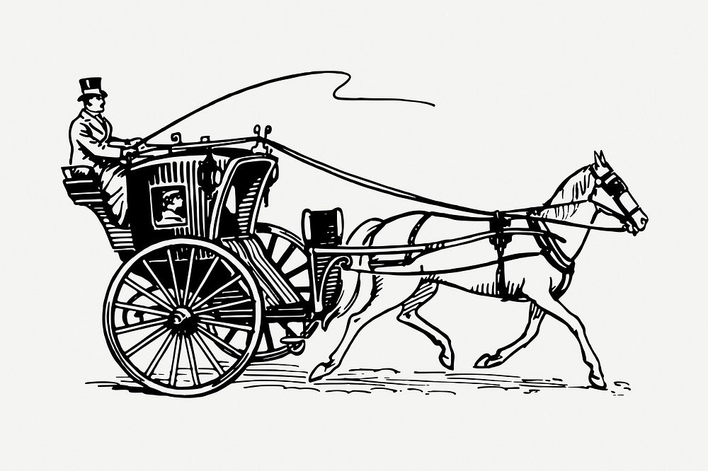 Horse-drawn carriage drawing, vintage illustration psd. Free public domain CC0 image.