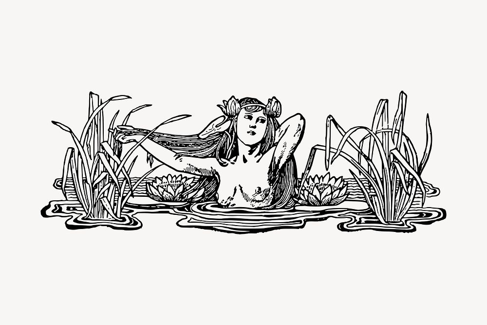 Woman in pond clipart, vintage hand drawn vector. Free public domain CC0 image.
