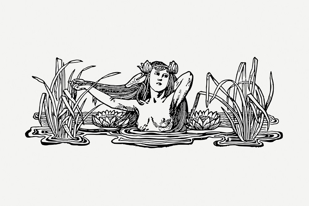 Woman in pond drawing, vintage illustration psd. Free public domain CC0 image.