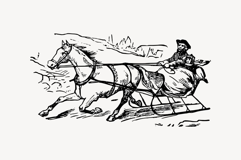 One horse open sleigh clipart, drawing illustration vector. Free public domain CC0 image.