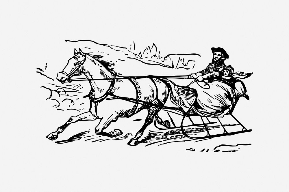 One horse open sleigh, drawing illustration. Free public domain CC0 image.