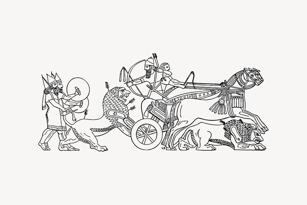 Assyrian king hunting clipart, drawing illustration vector. Free public domain CC0 image.
