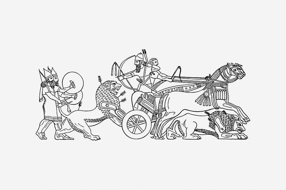 Assyrian king hunting, drawing illustration. Free public domain CC0 image.