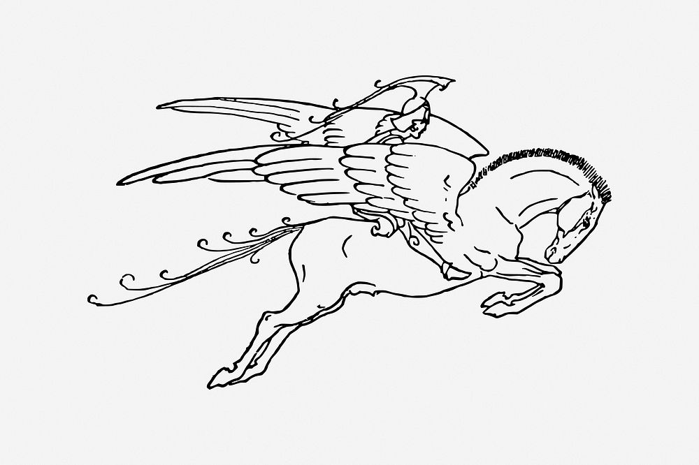 Pegasus, drawing illustration. Free public domain CC0 image.