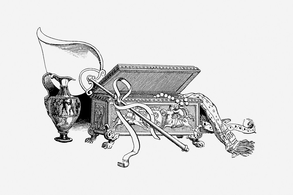 Ornate chest, drawing illustration. Free public domain CC0 image.