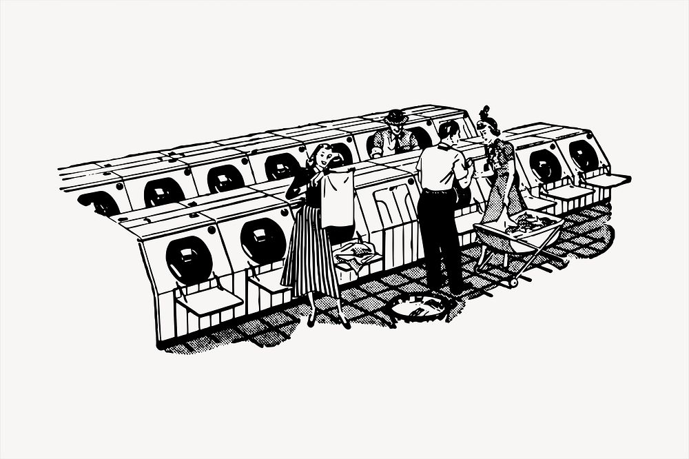 Self-service laundry  clipart, vintage hand drawn vector. Free public domain CC0 image.