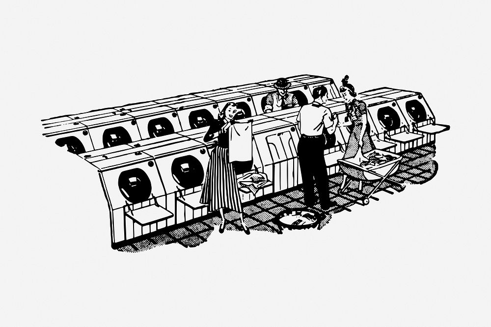 Self-service laundry drawing, vintage illustration. Free public domain CC0 image.