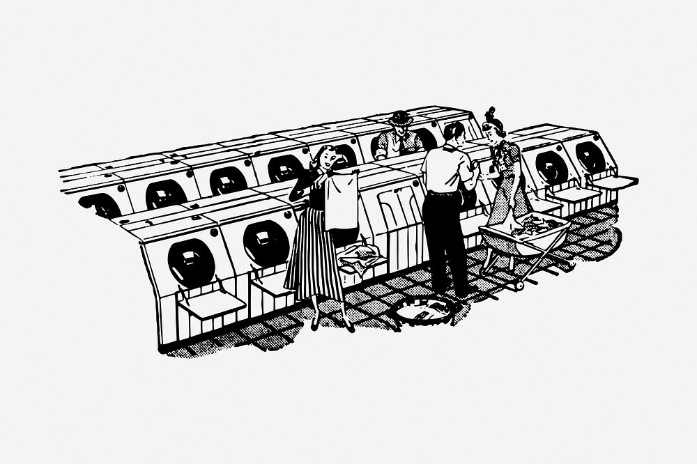 Self-service laundry drawing, vintage illustration psd. Free public domain CC0 image.