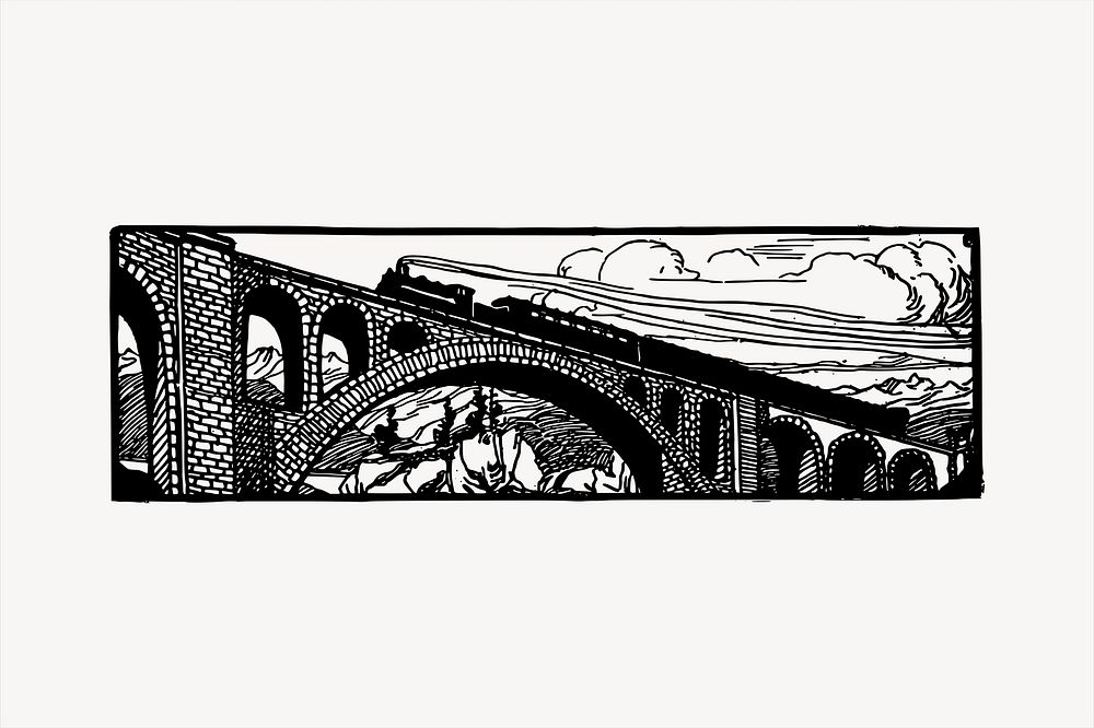 Train on viaduct   clipart, vintage hand drawn vector. Free public domain CC0 image.