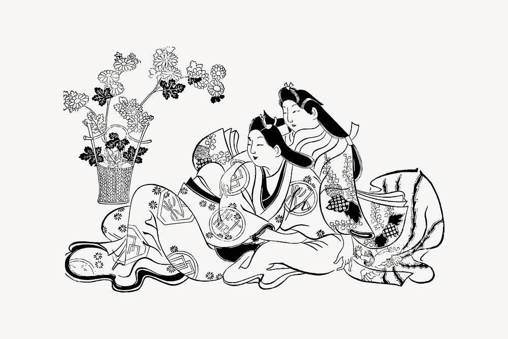 Japanese women collage element, drawing illustration vector. Free public domain CC0 image.