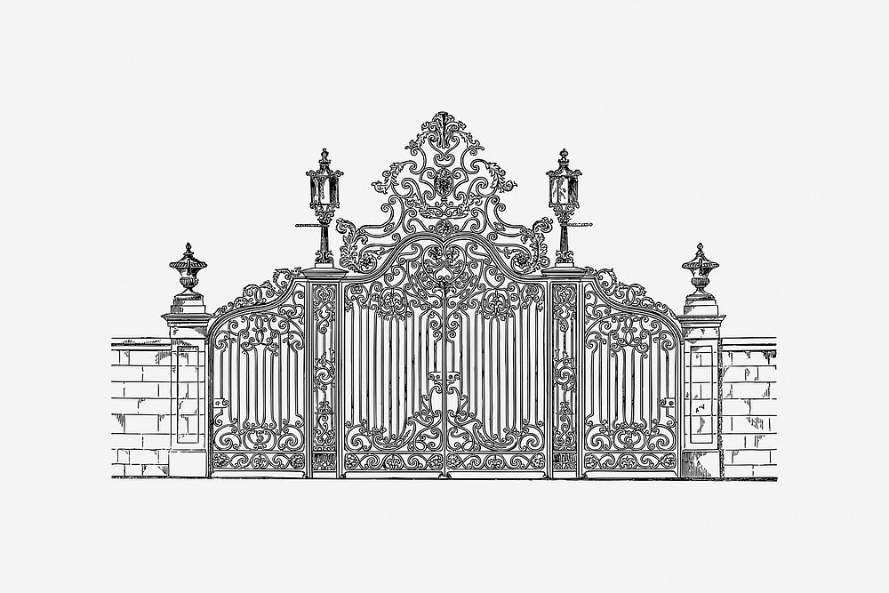 Elegant gate, vintage drawing illustration. Free public domain CC0 image.