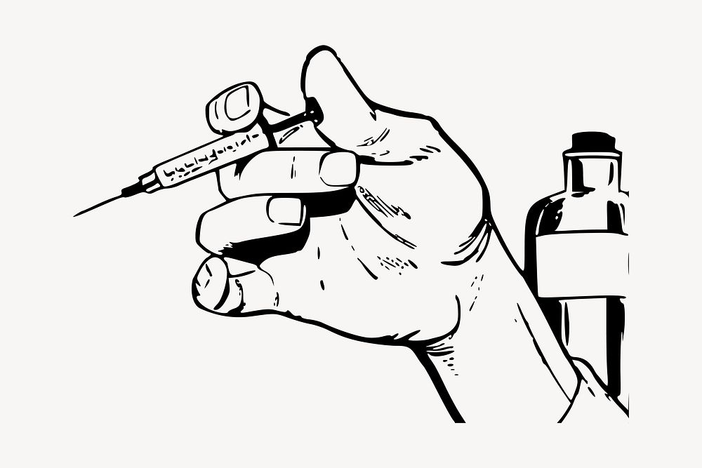 Syringe in hand collage element, drawing illustration vector. Free public domain CC0 image.