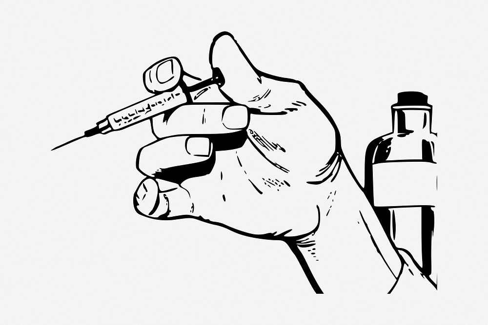 Syringe in hand, vintage drawing illustration. Free public domain CC0 image.