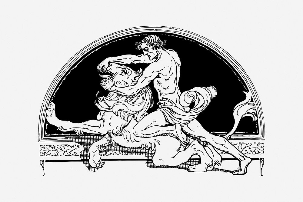 Samson and lion, vintage drawing illustration. Free public domain CC0 image.