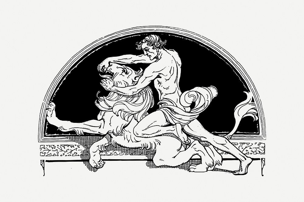 Samson and lion clipart, vintage illustration psd. Free public domain CC0 image.