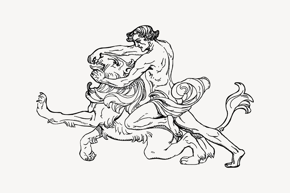 Samson and lion collage element, drawing illustration vector. Free public domain CC0 image.
