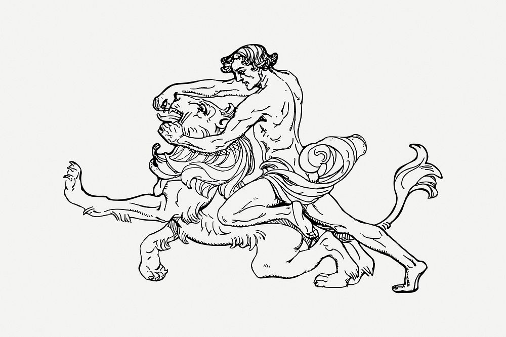 Samson and lion clipart, vintage illustration psd. Free public domain CC0 image.
