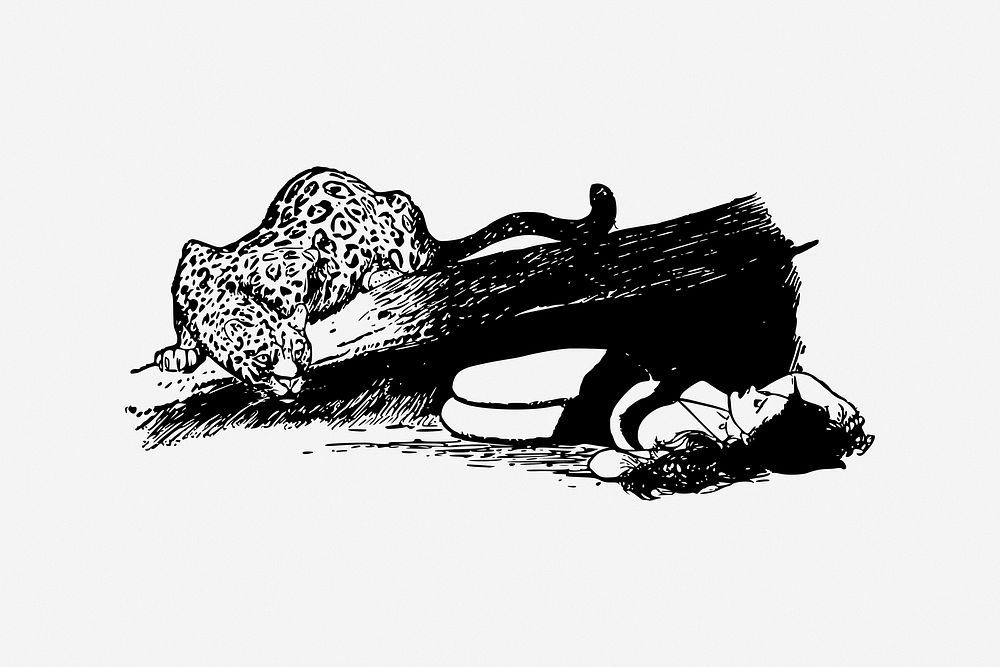 Woman & leopard, vintage drawing illustration. Free public domain CC0 image.