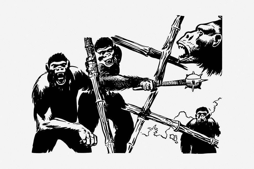 Apes at war, vintage drawing illustration. Free public domain CC0 image.