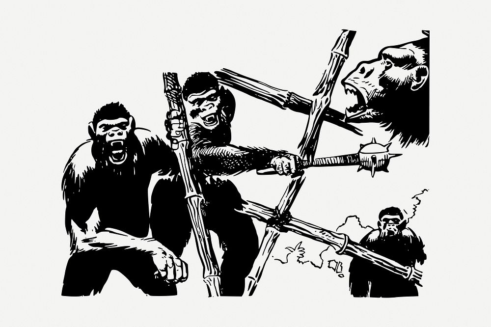 Apes at war clipart, vintage illustration psd. Free public domain CC0 image.