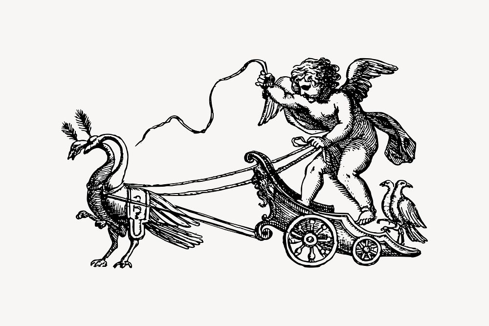 Cherub on chariot collage element, drawing illustration vector. Free public domain CC0 image.