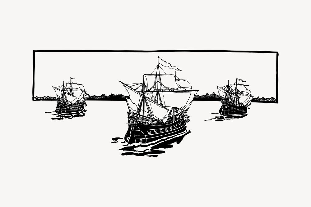 Jamestown ships collage element, drawing illustration vector. Free public domain CC0 image.
