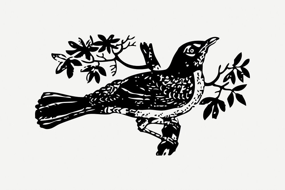 Bird collage element, black & white illustration psd. Free public domain CC0 image.