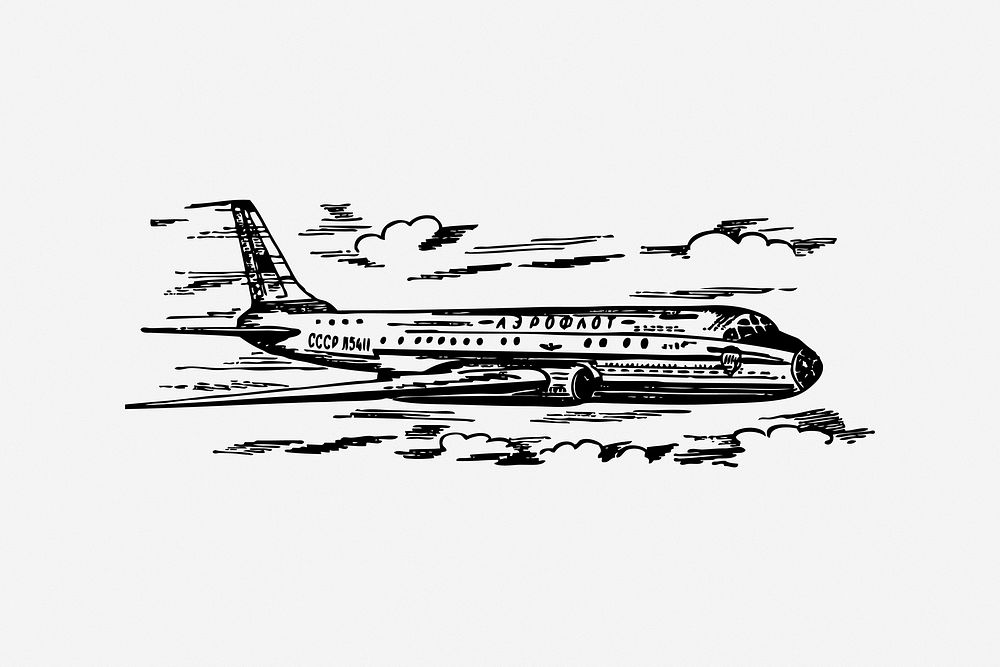 Airplane, black & white illustration. Free public domain CC0 image.