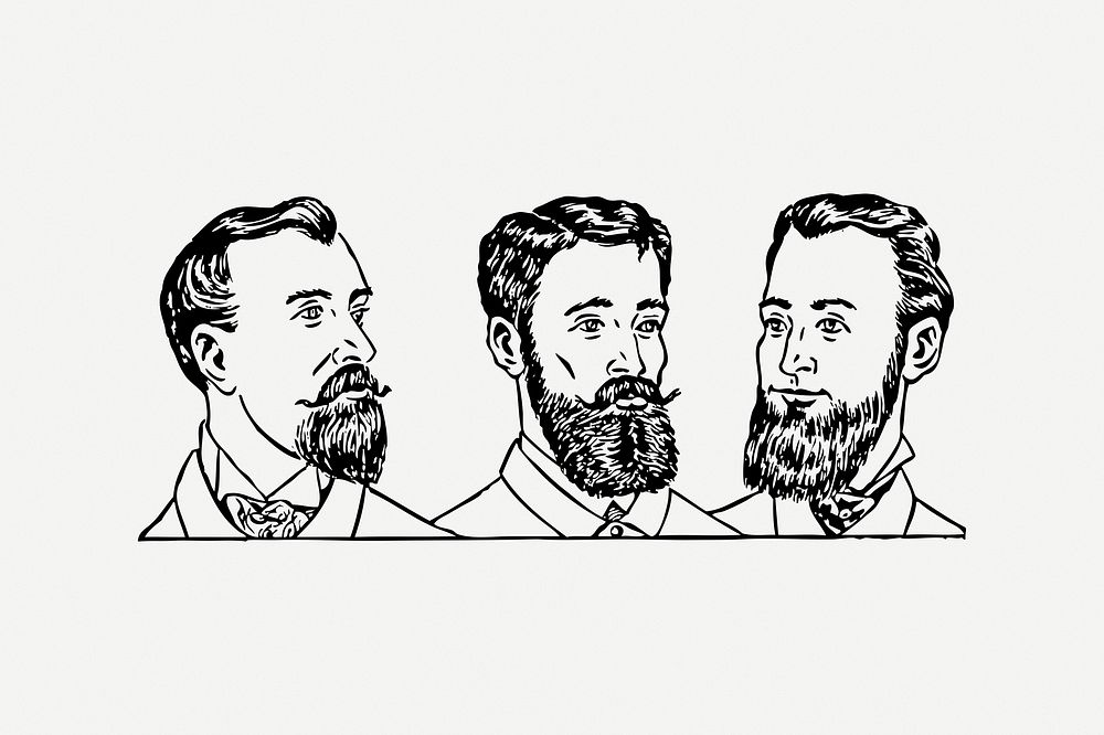 Bearded men collage element, black & white illustration psd. Free public domain CC0 image.