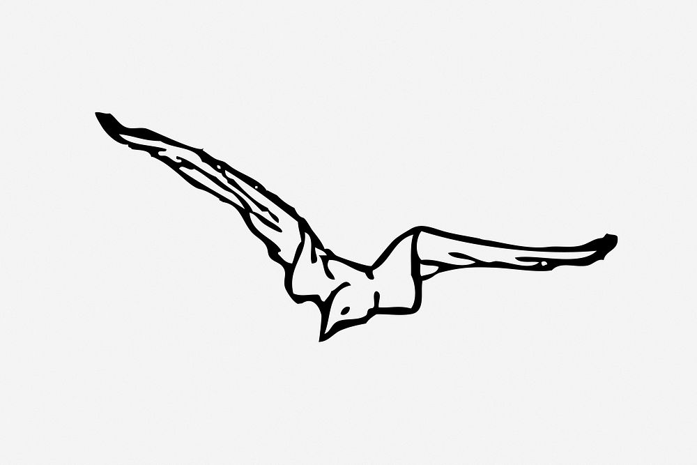 Flying bird, black & white illustration. Free public domain CC0 image.
