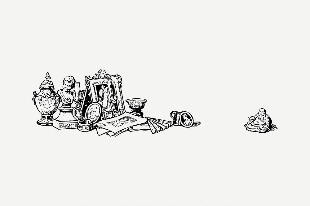 Collectibles collage element, black & white illustration psd. Free public domain CC0 image.