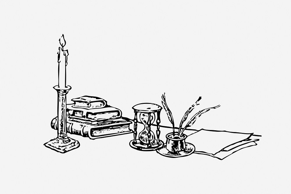 Working table, black & white illustration. Free public domain CC0 image.