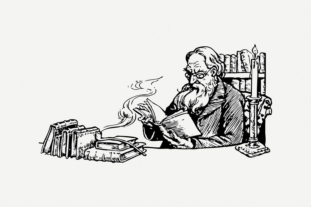 Man reading collage element, black & white illustration psd. Free public domain CC0 image.