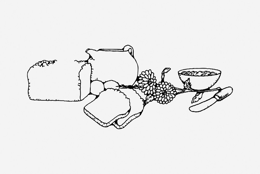 Breakfast, black & white illustration. Free public domain CC0 image.