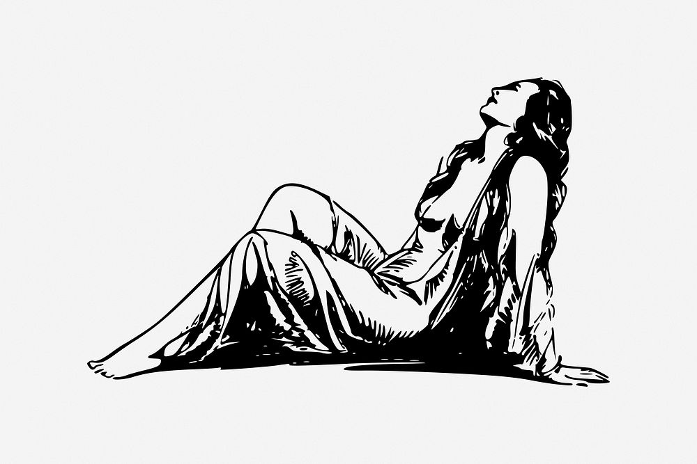 Woman lying, black & white illustration. Free public domain CC0 image.