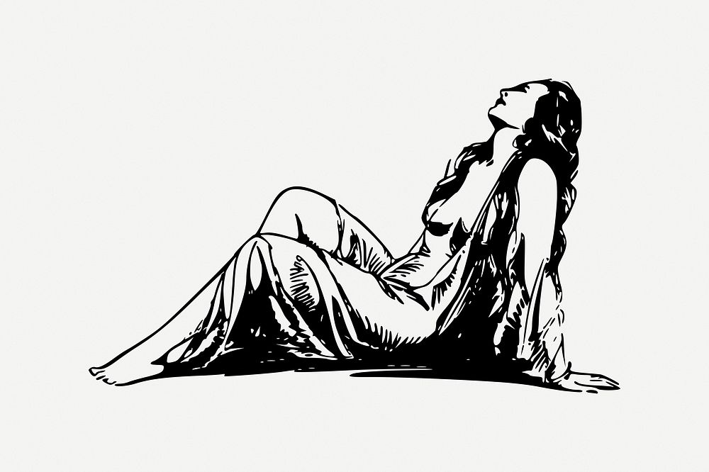 Woman lying collage element, black & white illustration psd. Free public domain CC0 image.