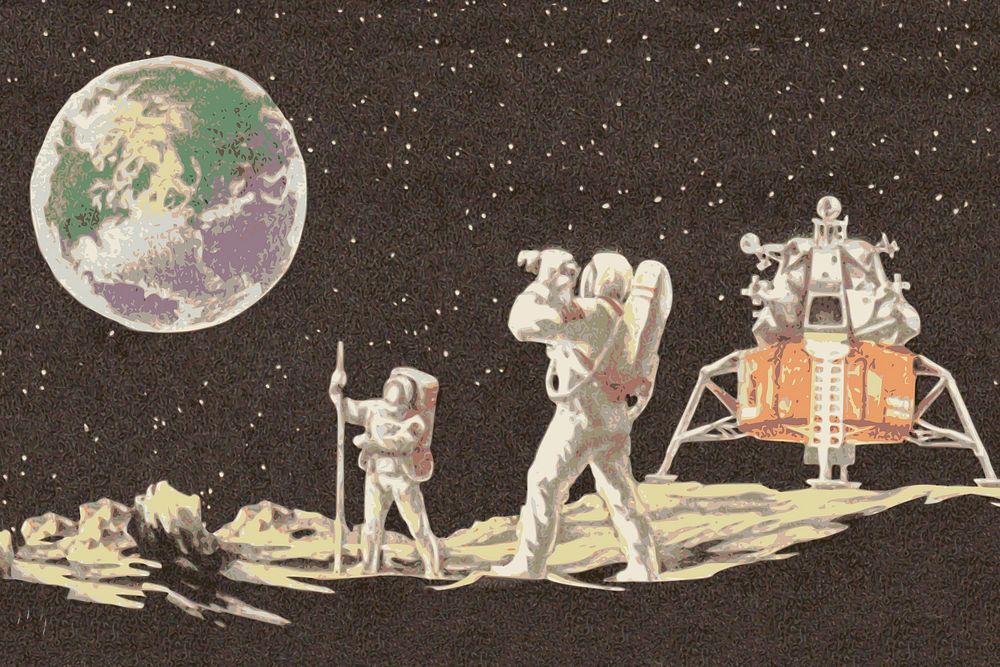 Astronauts on the moon illustration. Free public domain CC0 image