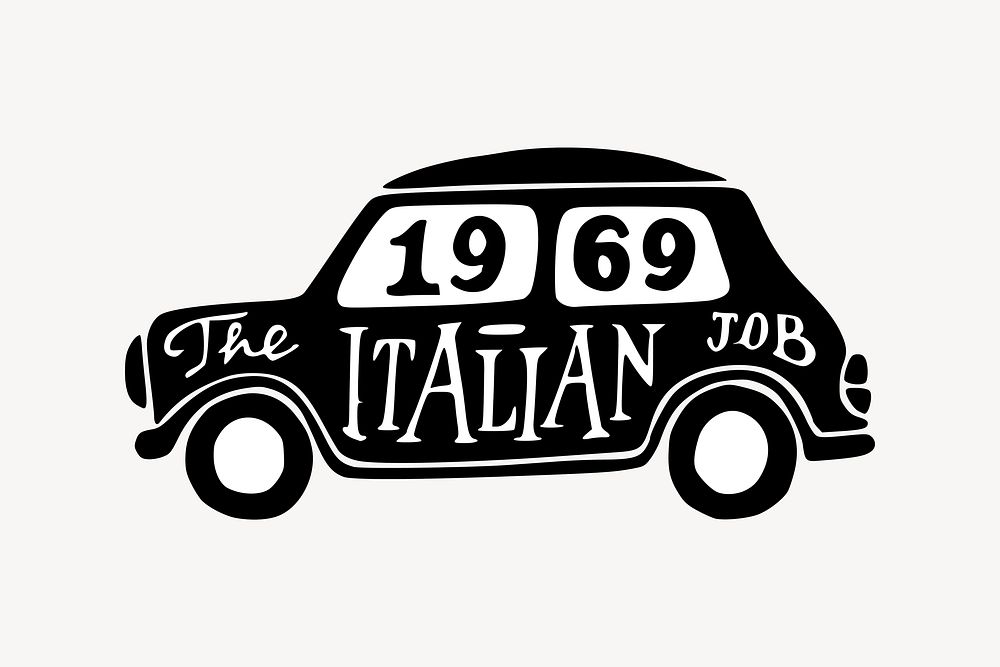 The Italian Job car clipart, 1969 movie illustration vector. Free public domain CC0 image.