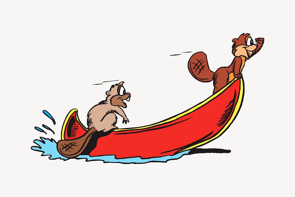 Beavers on boat, wildlife illustration. Free public domain CC0 image.