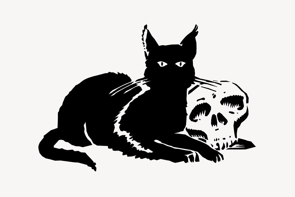Cat and skull, Halloween illustration. Free public domain CC0 image.