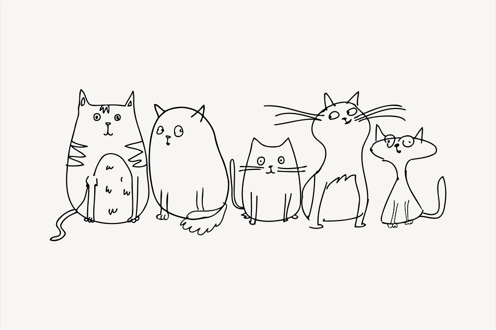 Cat gang  collage element, black and white illustration vector. Free public domain CC0 image.