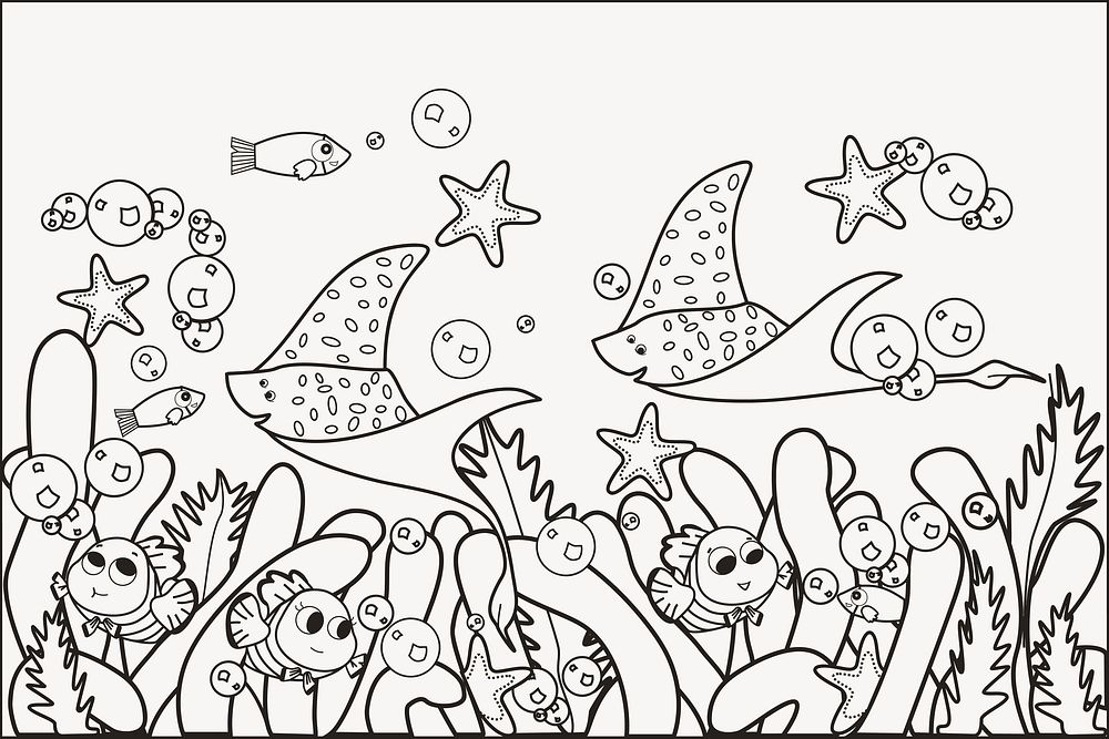 Cute underwater drawing, black and white illustration vector. Free public domain CC0 image.