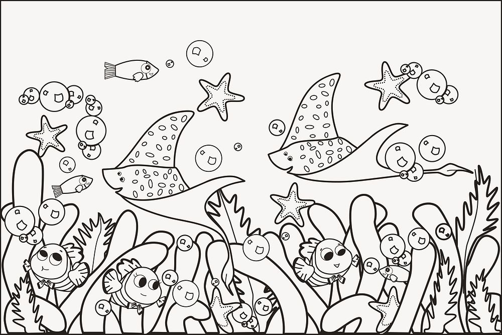 Cute underwater illustration, black and white drawing. Free public domain CC0 image.
